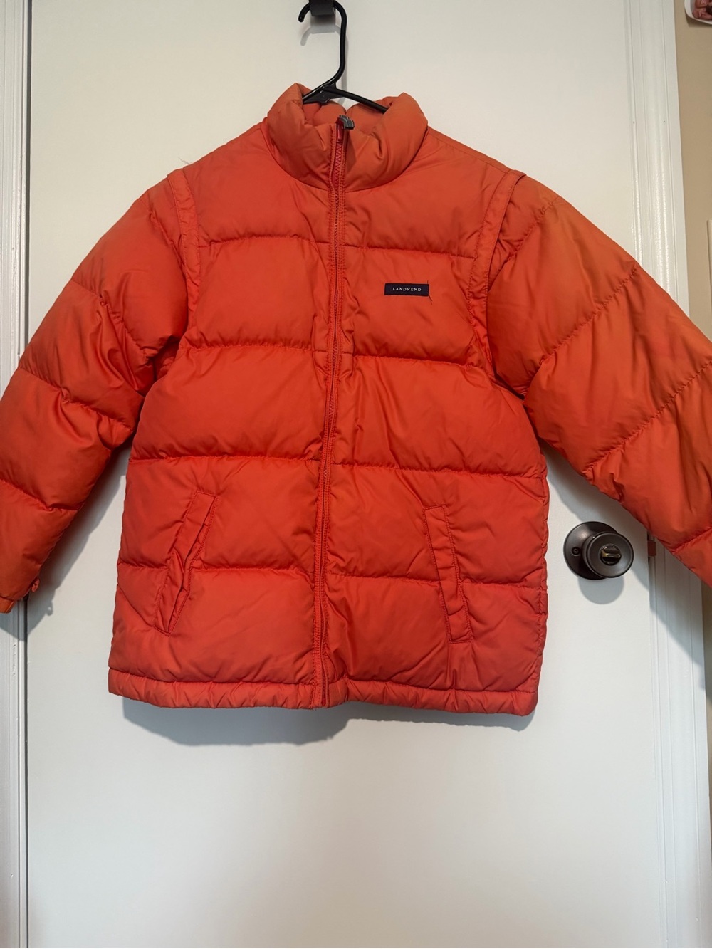 Lands’ End Orange Puffer Jacket — Kids Size M (10–12) — Convertible Vest